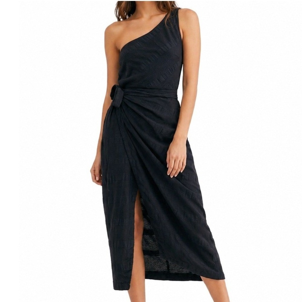 Free People Women Dress One Shoulder Wrap Front Smocked Back Black XS